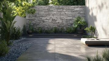 Modern Minimalist Courtyard Garden Design With Stone Wall photo