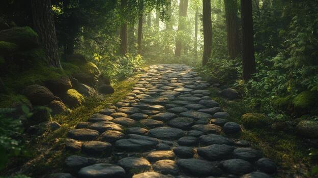 A path in the woods with rocks and moss photo