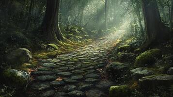 Mossy Stone Path Winding Through A Lush Forest photo