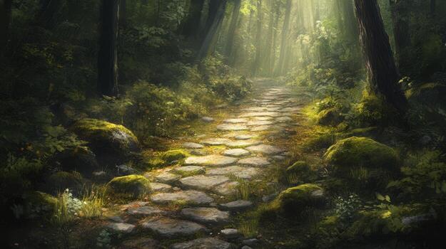 A path in the woods with sunlight shining down on it photo