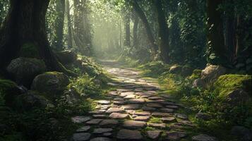 Sunlit Stone Path Through Lush Green Forest photo