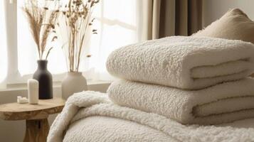 Soft Fluffy White Blankets Stacked on Bed photo