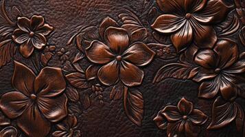 Embossed Leather Floral Design Brown Texture Background photo