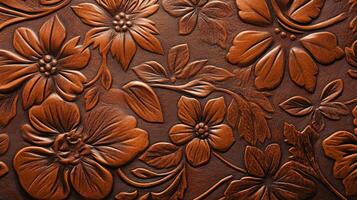 Embossed Floral Design on Brown Leather Texture photo