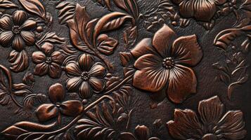 Embossed Leather Floral Design Brown Texture photo