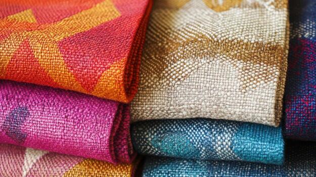 Colorful Woven Textiles Stacked High In A Row photo