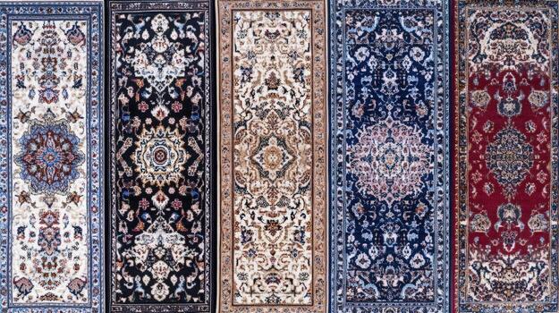 Colorful Oriental Rugs Displayed In Vertical Rows photo
