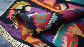 A Colorful Folded Woven Rug Displays Abstract Patterns photo