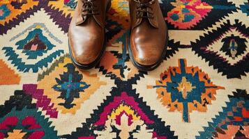 Brown Leather Boots Resting On Colorful Rug photo
