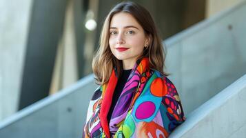 Young Woman Wearing Vibrant Colorful Abstract Scarf photo