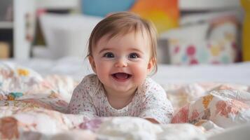 Happy Baby Lying on a Floral Bedspread photo