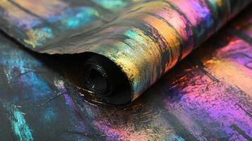 Rolled iridescent fabric displays vibrant painted hues photo