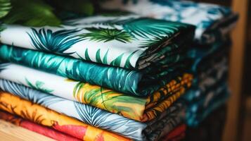 A stack of tropical leaf patterned fabrics photo