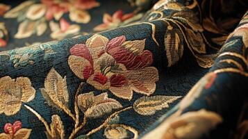 Dark Teal Fabric With Embroidered Floral Design photo
