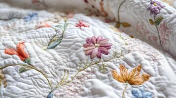 Delicate floral embroidery adorns a quilted textile photo