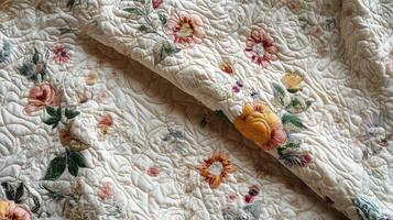 Delicate floral embroidered quilted fabric textile photo