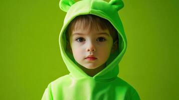 Young Child Wearing A Bright Green Hooded Sweatshirt photo