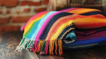Colorful Striped Woven Blanket With Fringes Resting On Wood photo