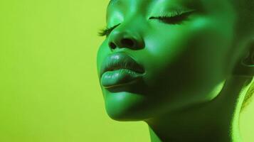 Green toned portrait of a woman with eyes closed photo