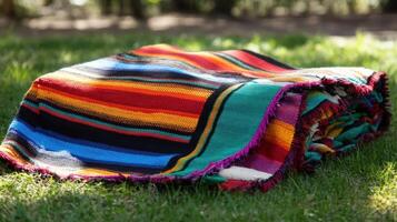 Colorful striped blanket rests on green grass photo