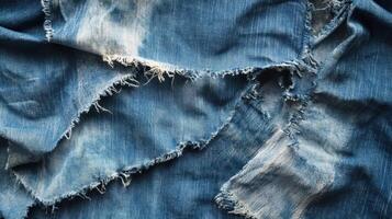 Distressed Denim Fabric Texture Shows Frayed Edges photo
