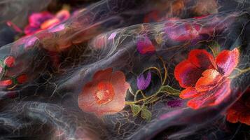 Dark Sheer Fabric with Embroidered Floral Design photo
