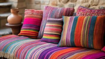 Colorful Striped Pillows and Throw Blanket Resting on Furniture photo