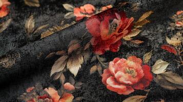 Dark Velvet Fabric With Red And Gold Roses photo