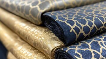 Elegant gold and navy patterned fabric rolls photo