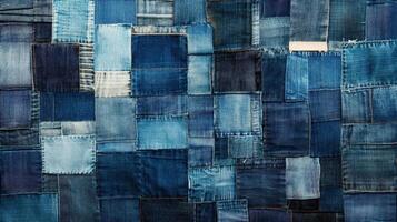 A patchwork of various shades of blue denim fabric photo