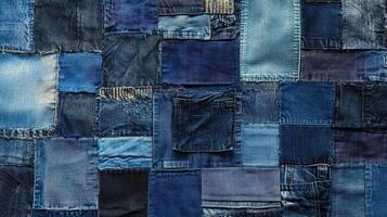 A patchwork of various shades of blue denim photo