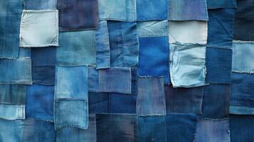 A wall made of blue jeans with patches photo