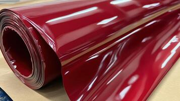 Rolled burgundy vinyl sheet material showing glossy surface photo