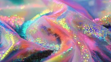 A close up of a colorful holographic fabric photo