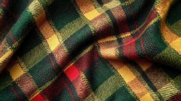 Draped woolen fabric shows autumnal plaid pattern photo