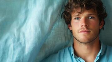 Young Man with Curly Hair Resting on Blue Fabric photo