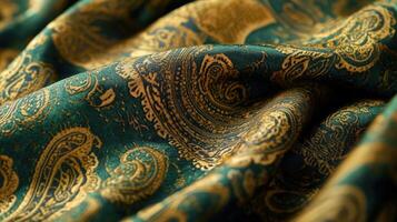 A close up of a green and gold paisley fabric photo