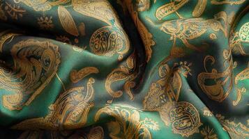 A close up of a green and gold paisley fabric photo