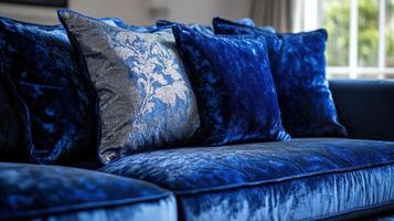 Blue Velvet Sofa With Decorative Throw Pillows photo