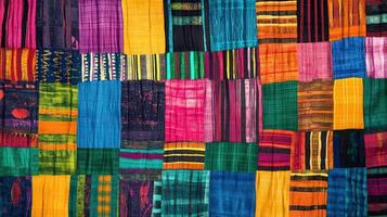 Vibrant Patchwork Textile Featuring Colorful Geometric Designs photo