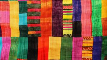 Vibrant multicolored textile patchwork displays colorful patterns photo