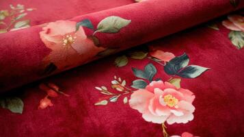 Rolled Red Velvet Fabric with Floral Print photo