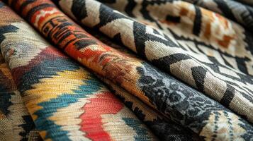 Colorful Woven Fabrics Folded In Layers Displaying Intricate Patterns photo