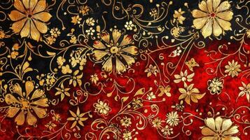 Golden Floral Design on Red and Black Fabric photo