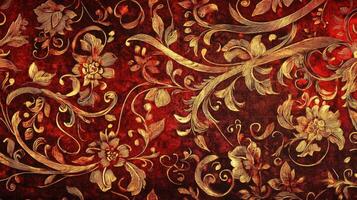 Intricate Gold Floral Design on Red Background photo
