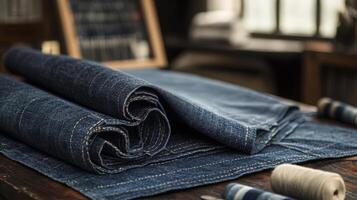 Rolled Denim Fabric On A Wooden Tabletop photo