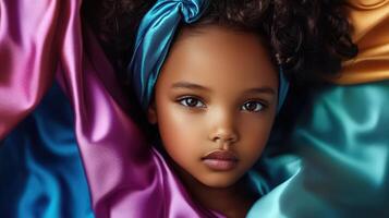 Young Girl Posing Amidst Colorful Silken Fabrics photo