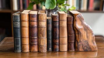 Antique Leather Bound Books Resting On Wooden Bookends photo