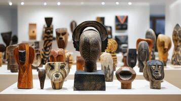 Wooden Sculpture Collection Modern Art Gallery Display photo