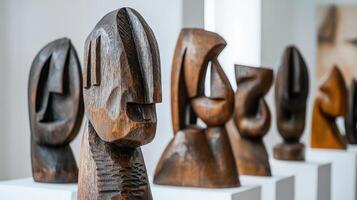 Wooden sculptures on display in an art gallery photo